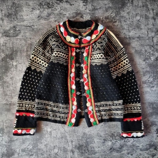 古着 ユーロ ハンドメイド ノルディックカーディガン ヴィンテージ 総柄_画像1