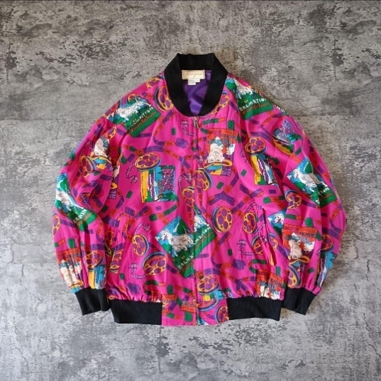 古着 80s 総柄 アメコミ調プリント シルクブルゾン_画像1