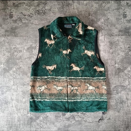 古着 90s USA製 アメリカ製 総柄 ホース 馬 フリースベスト グリーン_画像1