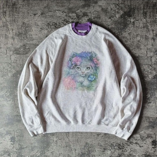 90s USA製 アメリカ製 猫プリント ラグランスウェット_画像1