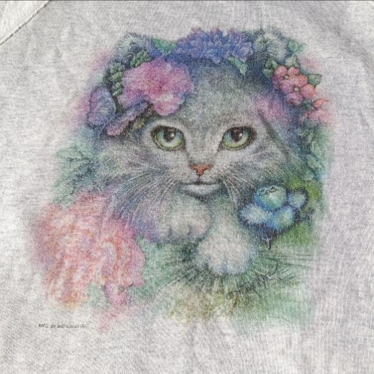 90s USA製 アメリカ製 猫プリント ラグランスウェット_画像3