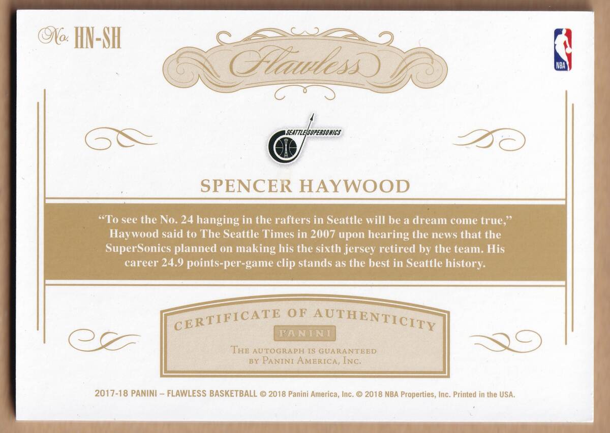 [NBA]SPENCER HAYWOOD автограф автограф карта 5 листов ограничение 2017-2018 PANINI FLAWLESS BASKETBALL AUTOGRAPH CARD[AUTO]