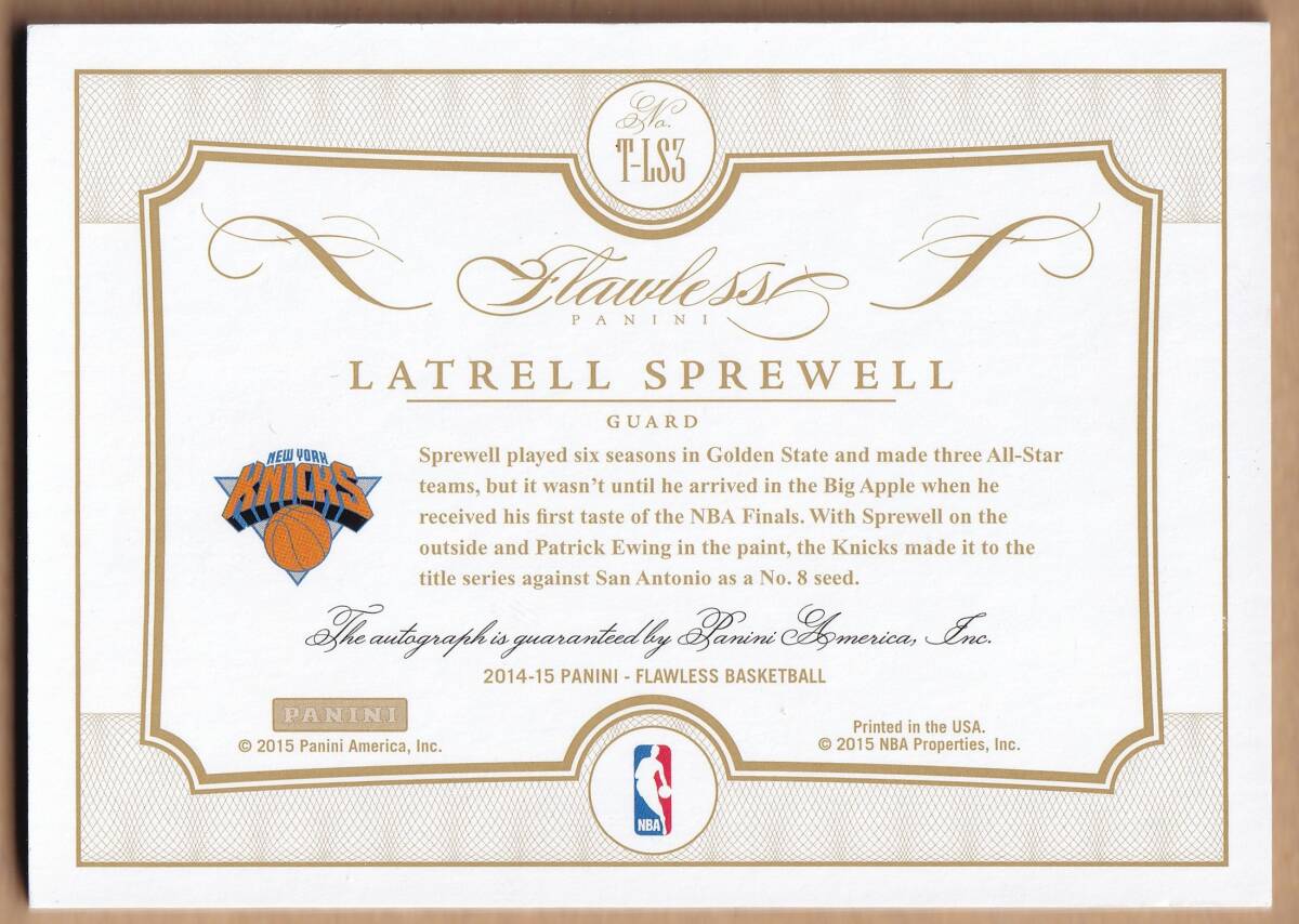 [NBA]LATRELL SPREWELL автограф автограф карта 10 листов ограничение 2014-2015 PANINI FLAWLESS BASKETBALL AUTOGRAPH CARD[AUTO]