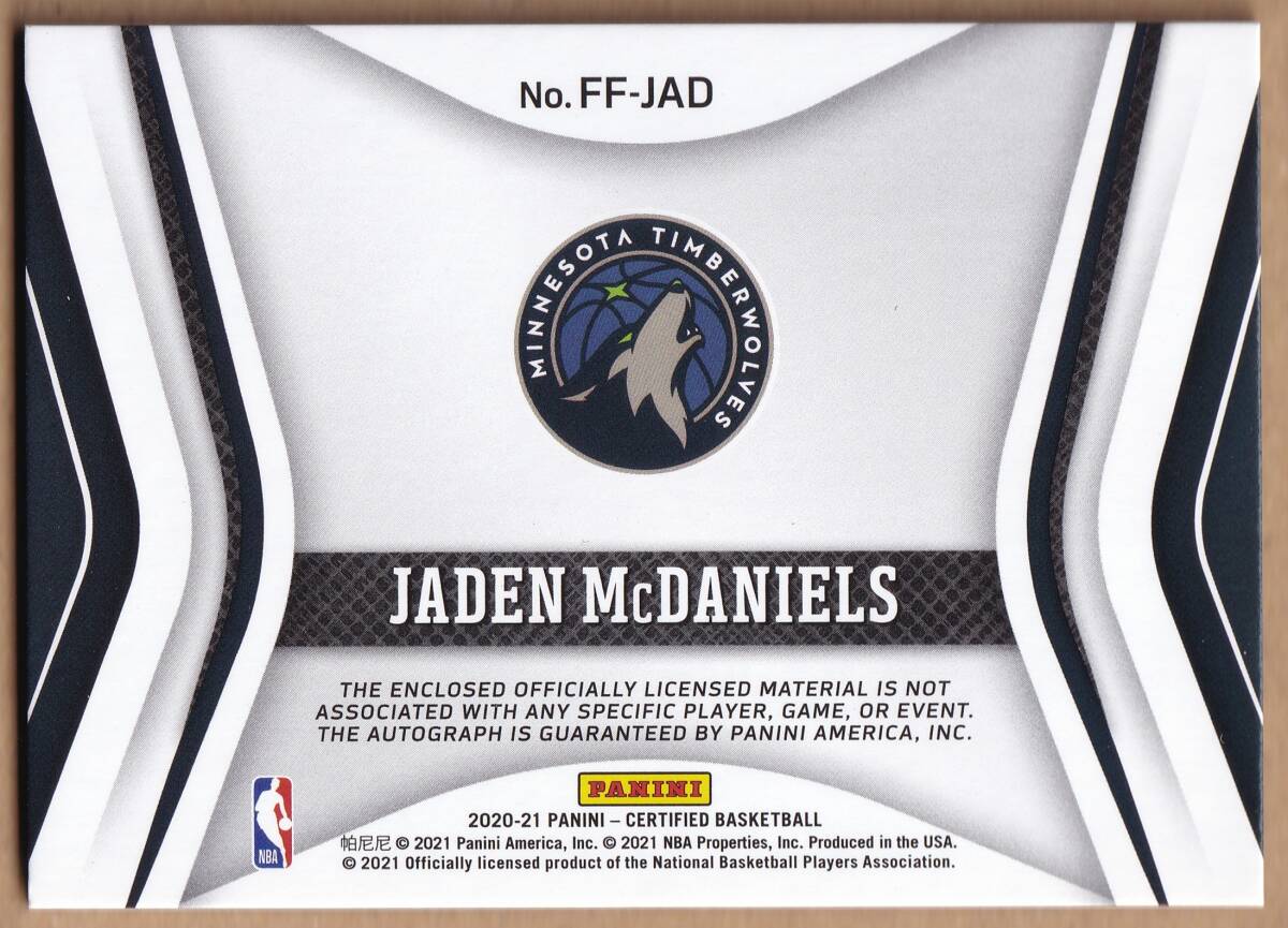 [RC]JADEN MCDANIELS автограф автограф карта 2020-2021 PANINI CERTIFIED BASKETBALL ROOKIE AUTOGRAPHED PATCH CARD / AUTO[NBA]