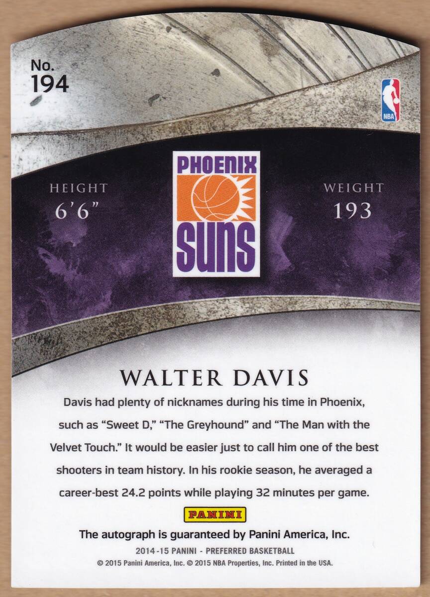 [NBA]WALTER DAVIS автограф автограф карта 75 листов ограничение 2014-2015 PANINI PREFERRED BASKETBALL CROWN ROYALE AUTOGRAPH CARD[AUTO]