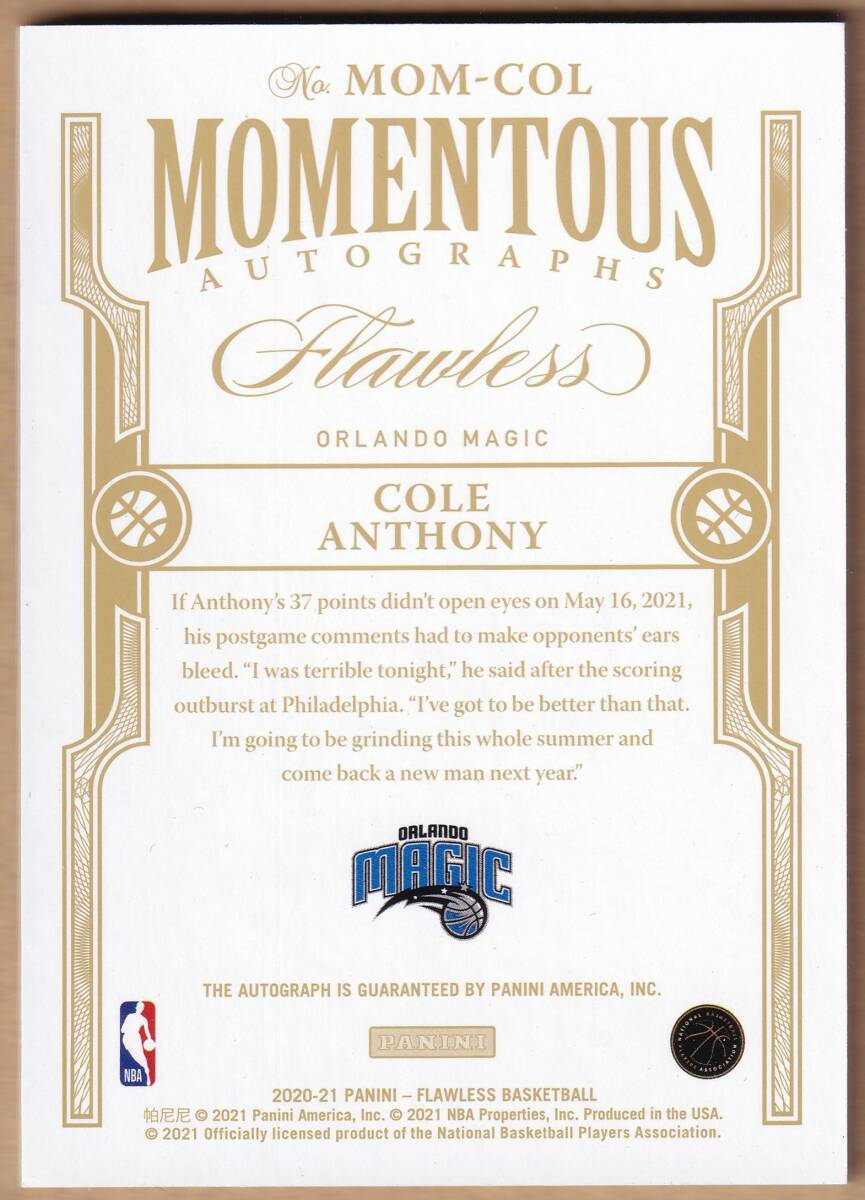 [RC]COLE ANTHONY автограф автограф карта 15 листов ограничение 2020-2021 PANINI FLAWLESS BASKETBALL ROOKIE AUTOGRAPH CARD / AUTO[NBA]