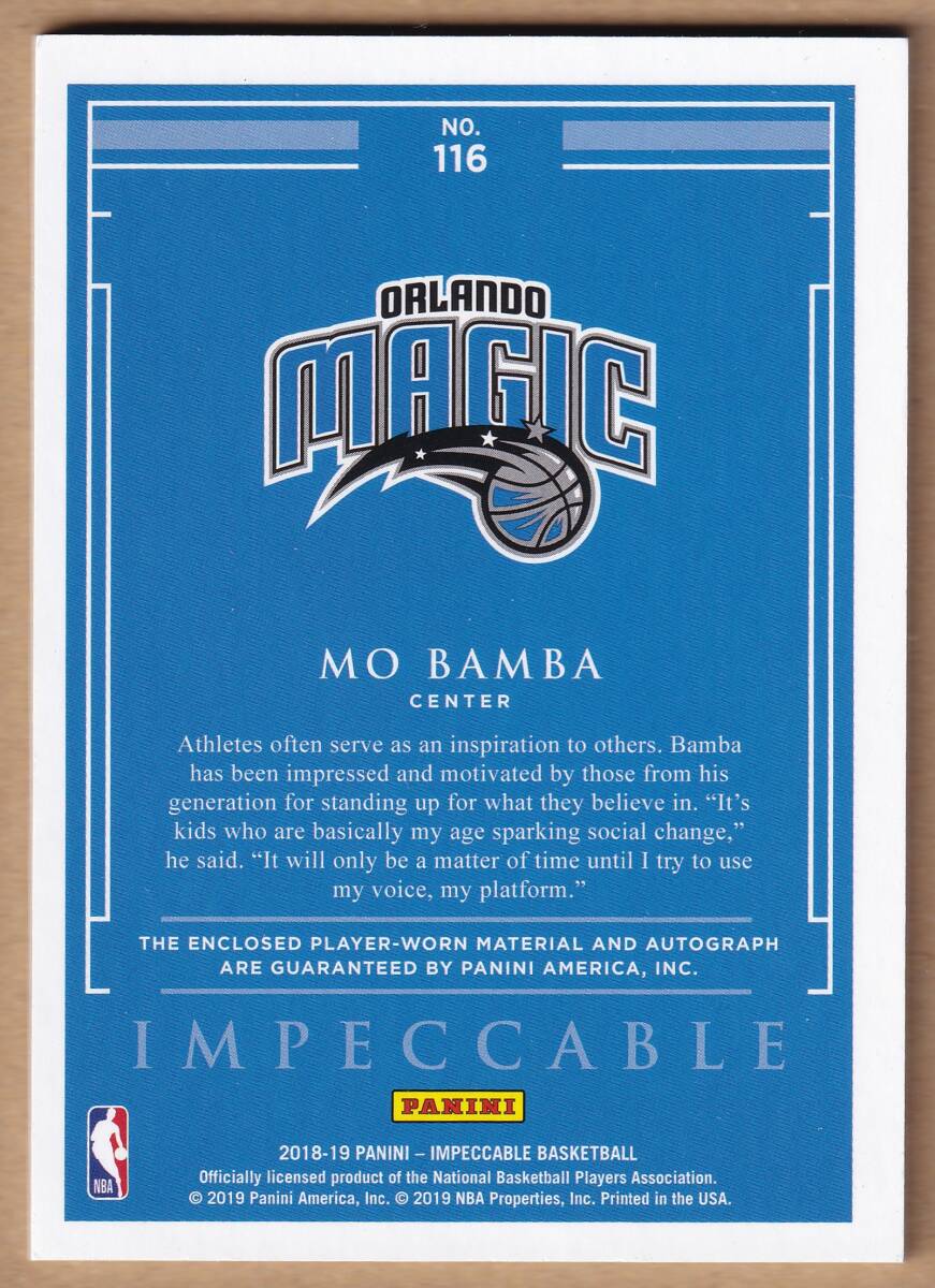[RC]MO BAMBA автограф автограф карта 25 листов ограничение 2018-2019 PANINI IMPECCABLE BASKETBALL AUTOGRAPHED PATCH CARD / AUTO[NBA]