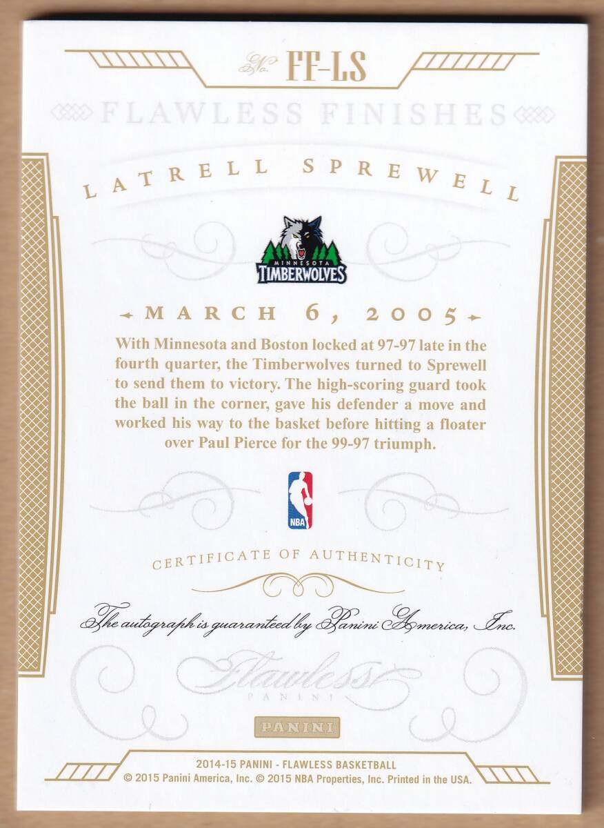 [NBA]LATRELL SPREWELL автограф автограф карта 10 листов ограничение 2014-2015 PANINI FLAWLESS BASKETBALL AUTOGRAPH CARD[AUTO]