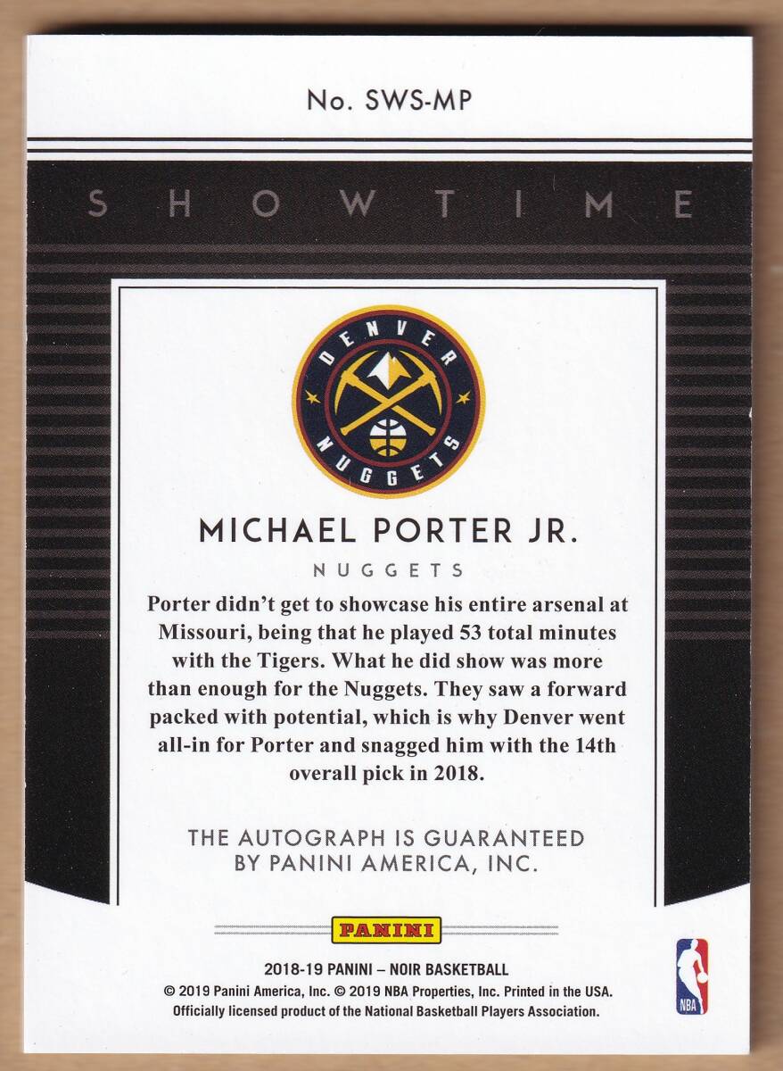 [NBA]MICHAEL PORTER JR. автограф автограф карта 99 листов ограничение 2018-2019 PANINI NOIR BASKETBALL AUTOGRAPH CARD[AUTO]