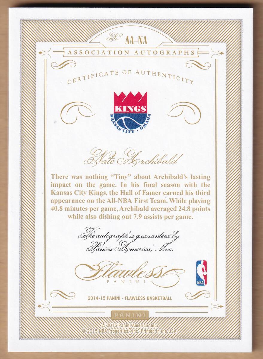 [NBA]NATE ARCHIBALD автограф автограф карта 25 листов ограничение 2014-2015 PANINI FLAWLESS BASKETBALL AUTOGRAPH CARD[AUTO]