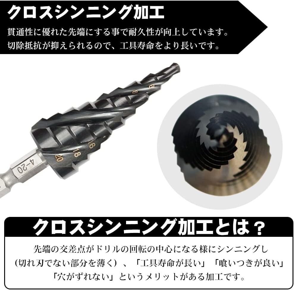 【送料無料】ステップドリル タケノコドリル 六角軸 スパイラルドリル 穴あけ 窒化チタンアルミコーティング HSS-Co/M35_画像3