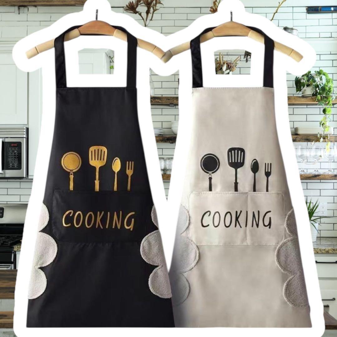 エプロン 防水 防油 手拭きタオル付き サイドタオル H型 キッチン 料理　ペアエプロン　2枚　セット　カップル　夫婦　新婚　プレゼント_画像1