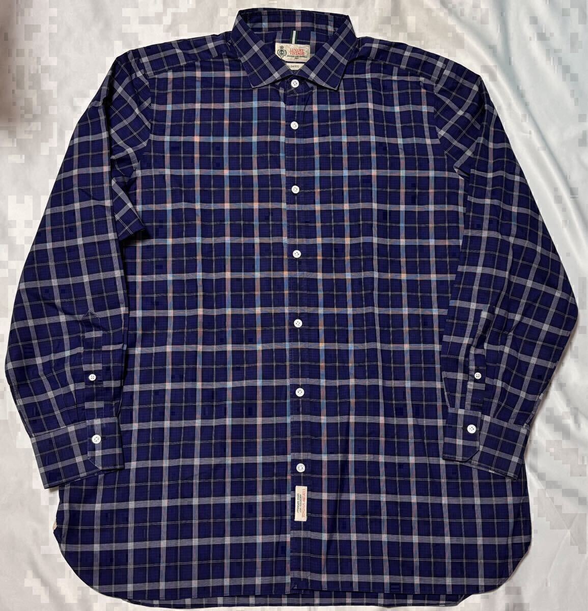 状態良好 LUIGI BORRELLI ルイジボレッリ ブルー ネイビー系 シャツ サイズ XL〜 17 1/2 44 長袖 コットン 100% イタリア製 送料無料_画像2