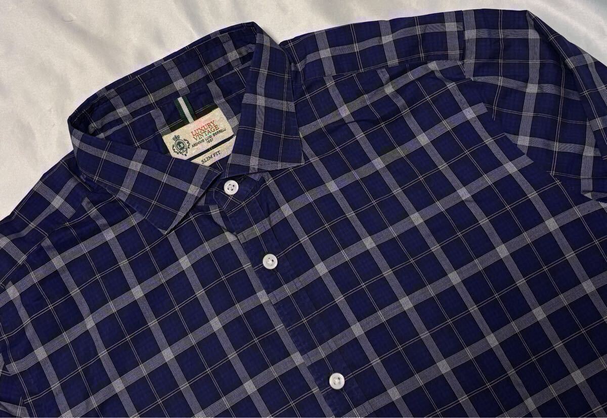 状態良好 LUIGI BORRELLI ルイジボレッリ ブルー ネイビー系 シャツ サイズ XL〜 17 1/2 44 長袖 コットン 100% イタリア製 送料無料_画像1