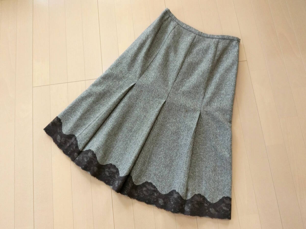 【送料無料】TIM ティム★ツイードウール タック＆フレアースカート 裾レース 11号 茶ブラウン系 日本製_画像1