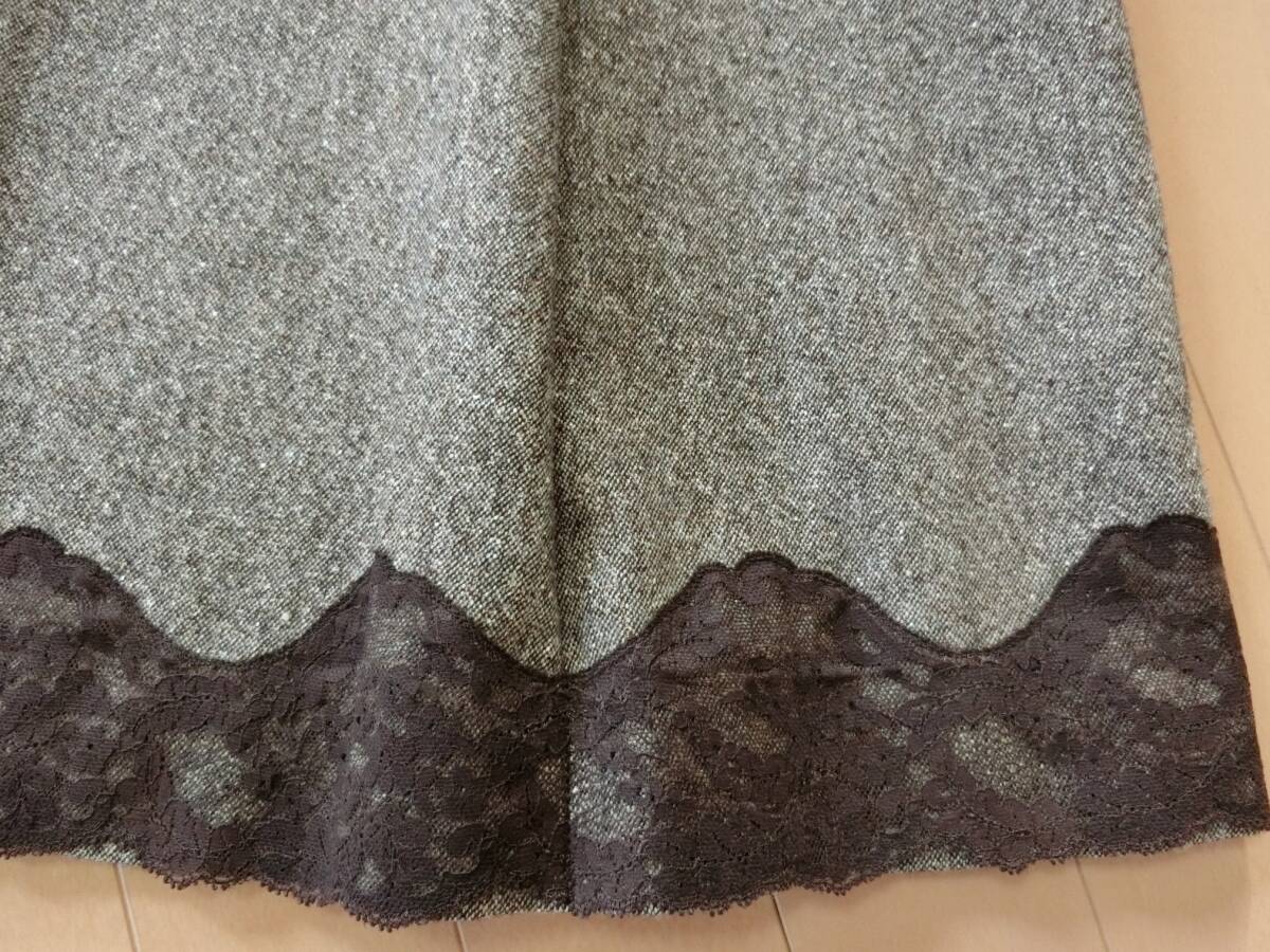 【送料無料】TIM ティム★ツイードウール タック＆フレアースカート 裾レース 11号 茶ブラウン系 日本製_画像3