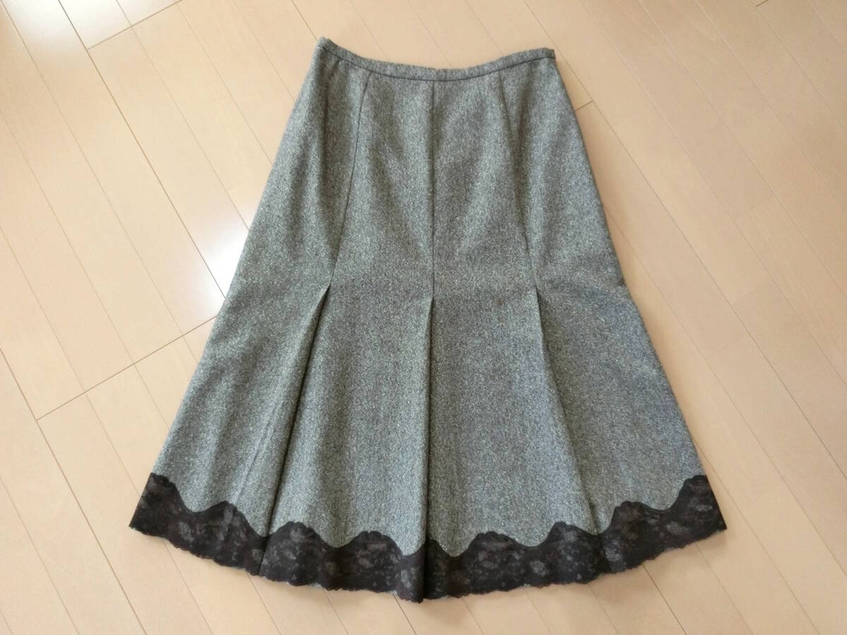 【送料無料】TIM ティム★ツイードウール タック＆フレアースカート 裾レース 11号 茶ブラウン系 日本製_画像5