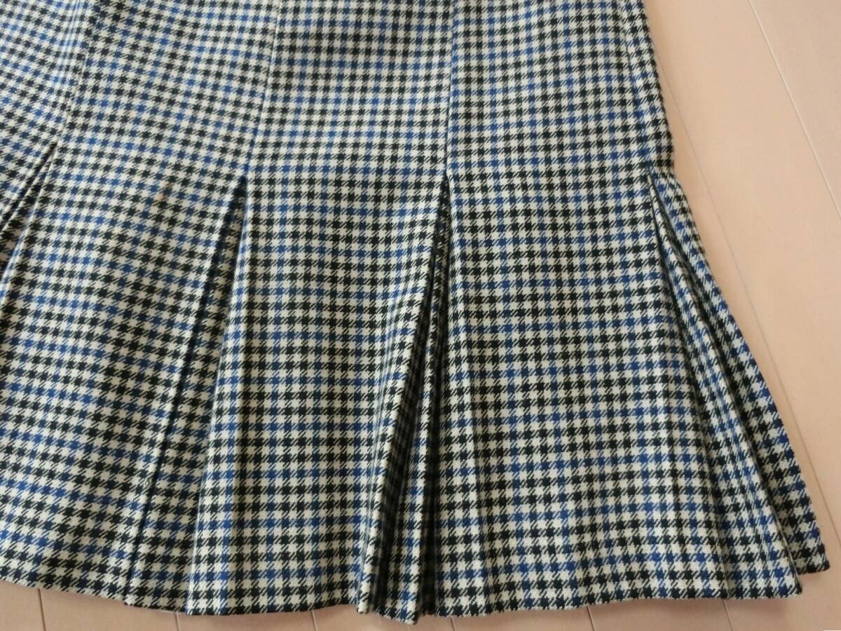 【送料無料】★チェック柄ウールスカート フレアー＆プリーツスカート Ｌサイズ ベージュ黒×ブルー 日本製_画像3