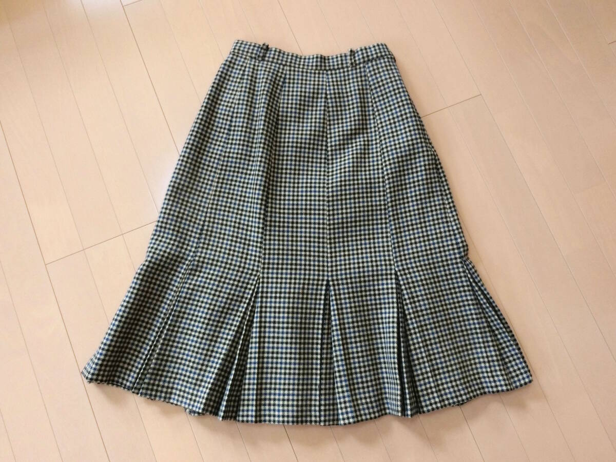 【送料無料】★チェック柄ウールスカート フレアー＆プリーツスカート Ｌサイズ ベージュ黒×ブルー 日本製_画像6