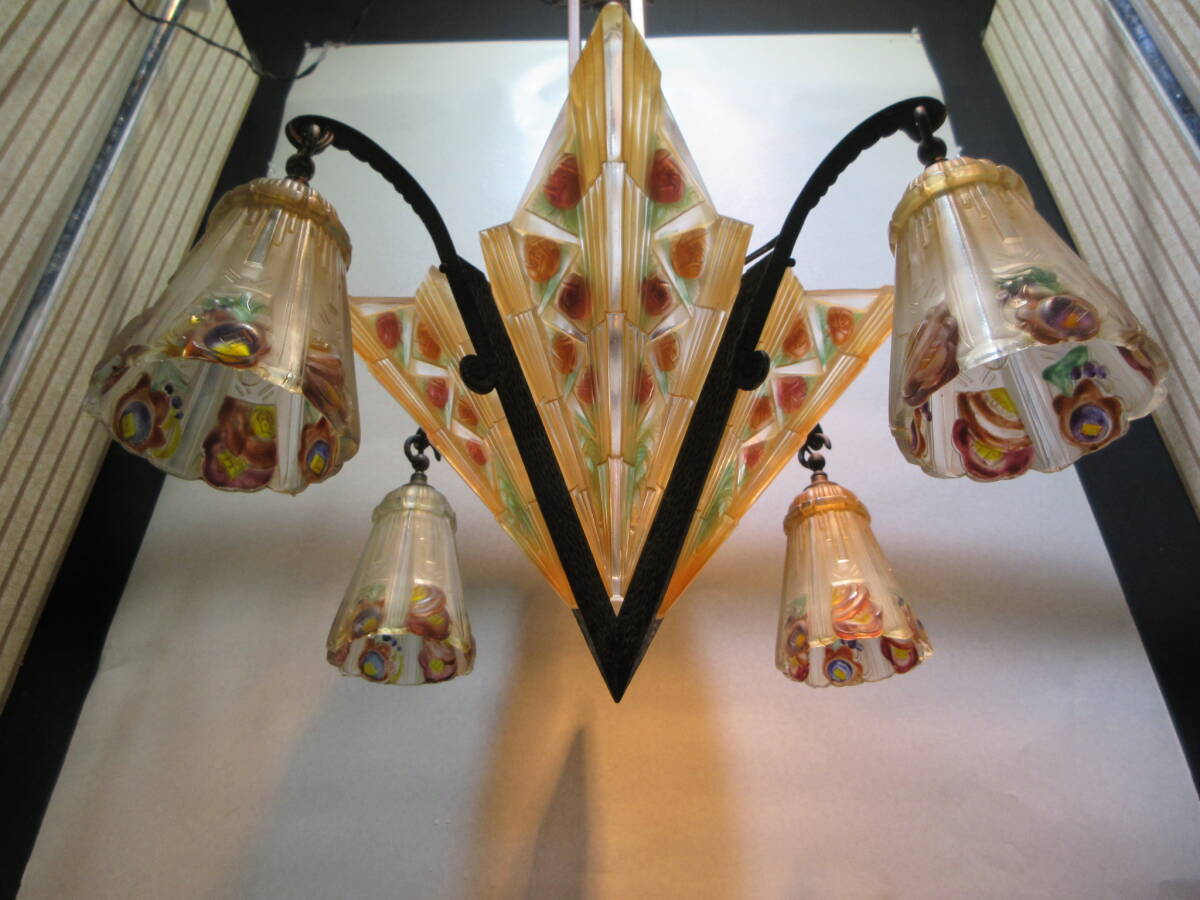 T3086 античный освещение .. стекло цветок документ латунь рама 5 лампа люстра диаметр 53cm 7kga-ru Novo -a-ru декоративный элемент 