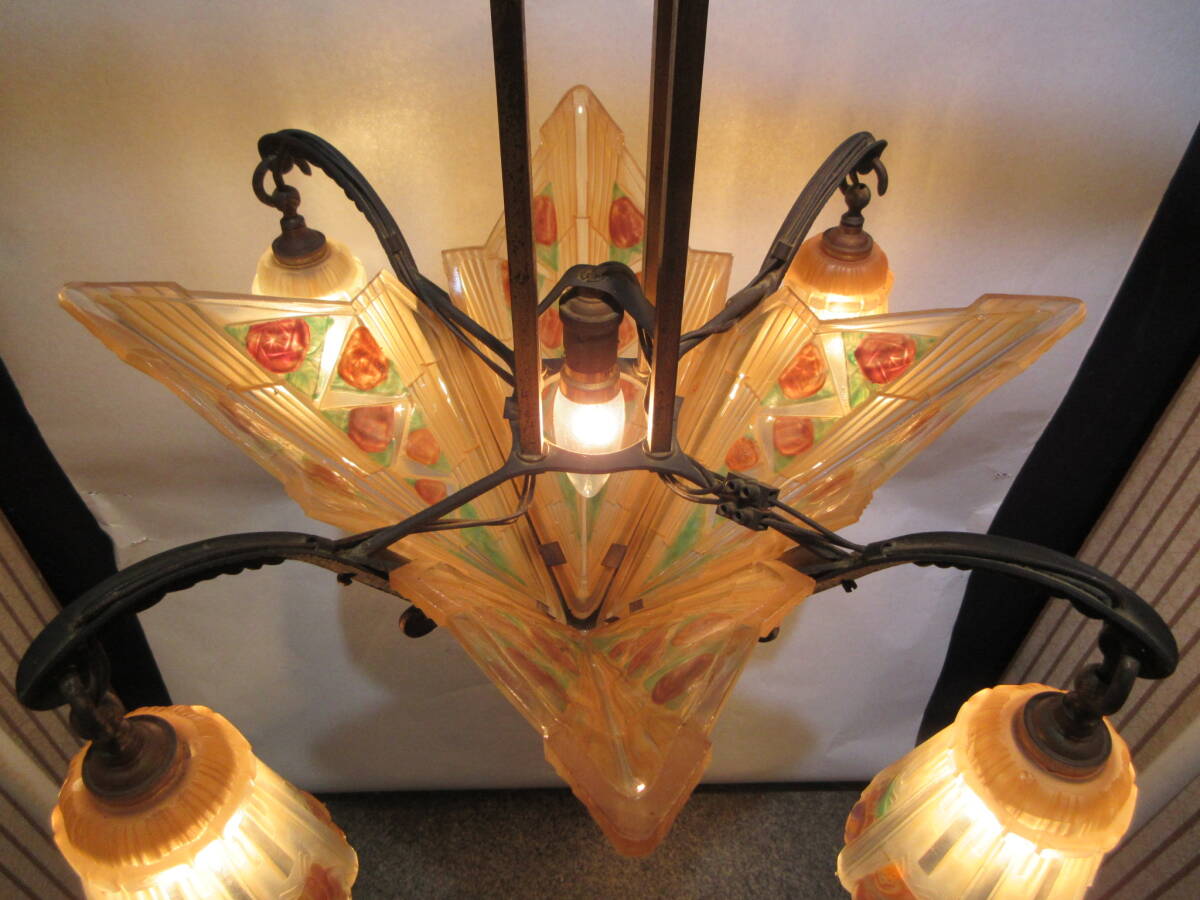 T3086 античный освещение .. стекло цветок документ латунь рама 5 лампа люстра диаметр 53cm 7kga-ru Novo -a-ru декоративный элемент 