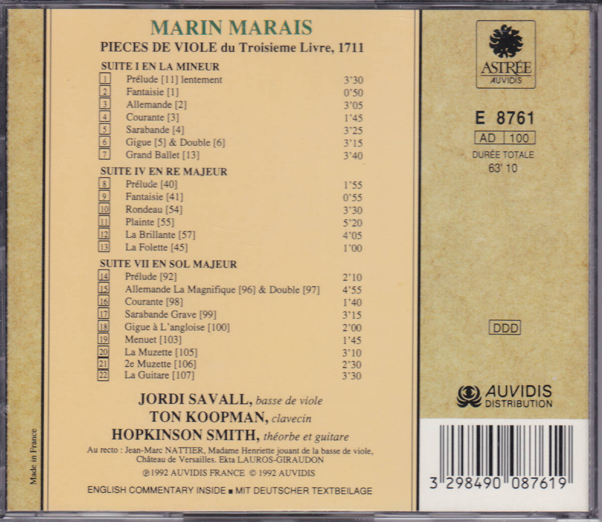 サヴァール/コープマン　マラン・マレー：組曲　※盤面キズアリ_画像2