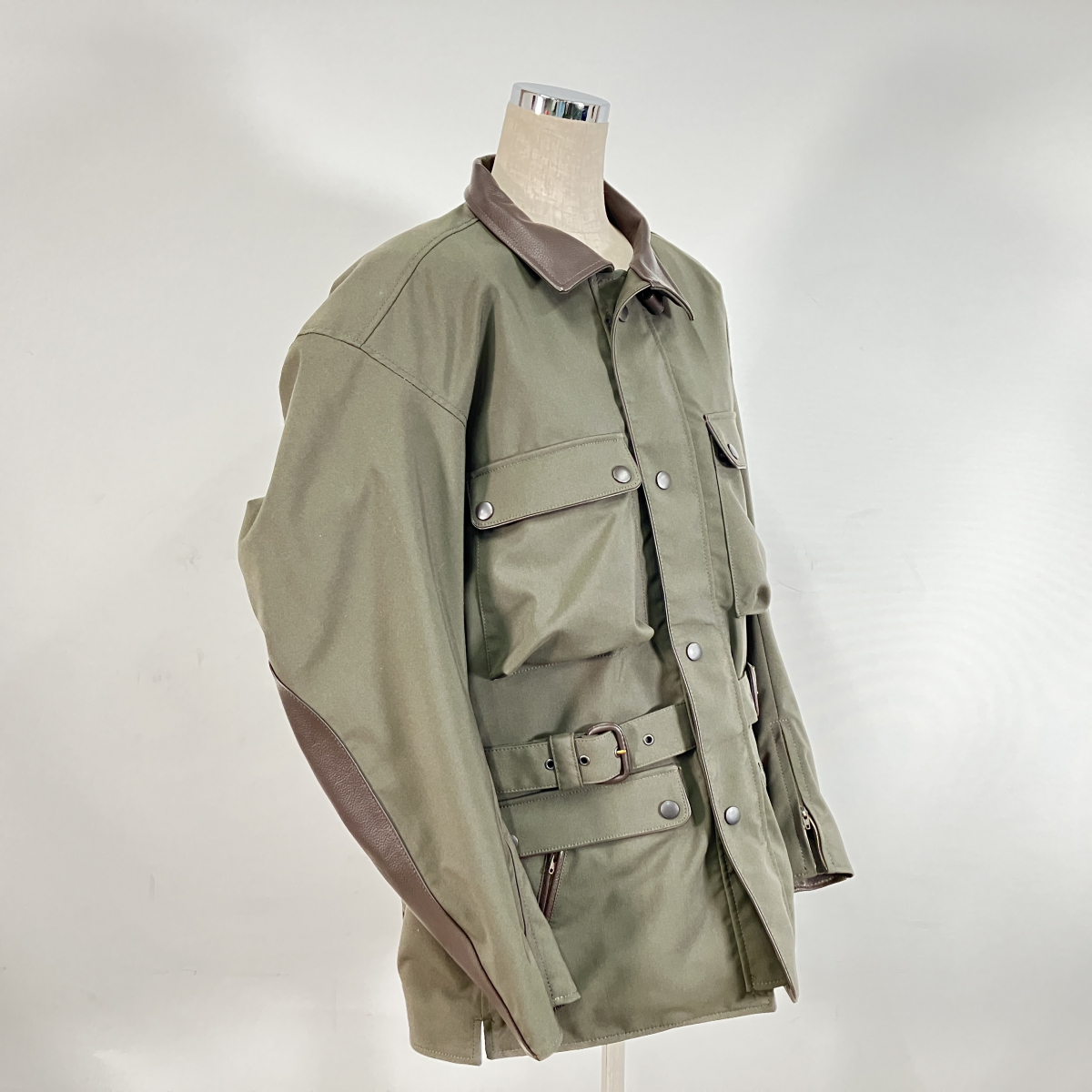 PAIR SLOPE ペアスロープ ポリコットン×レザージャケット カーキ ブラウン切替 Lサイズ ラミネート加工 ブラックウォッチ _JFJ_C1104-F02C_画像1