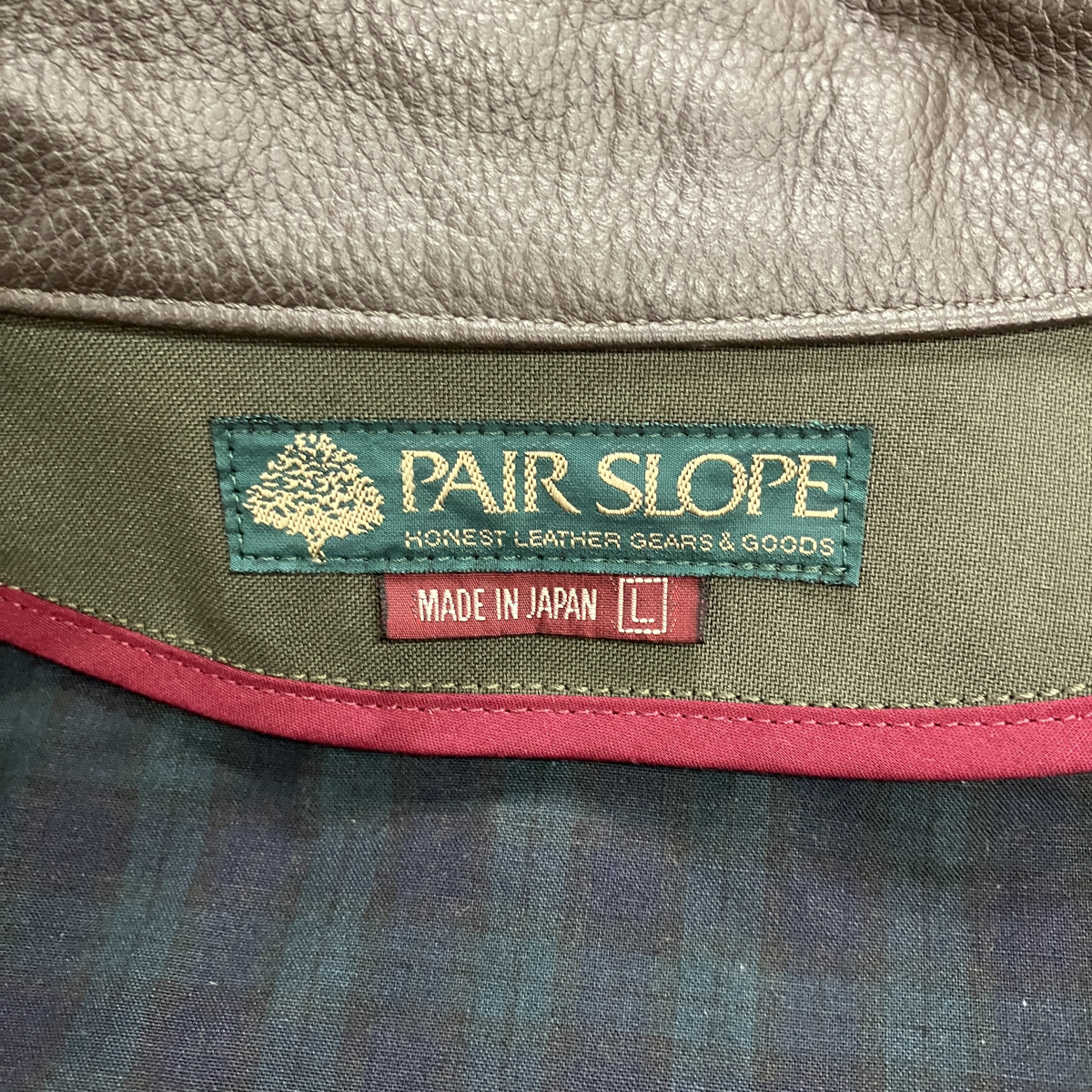 PAIR SLOPE ペアスロープ ポリコットン×レザージャケット カーキ ブラウン切替 Lサイズ ラミネート加工 ブラックウォッチ _JFJ_C1104-F02C_画像3