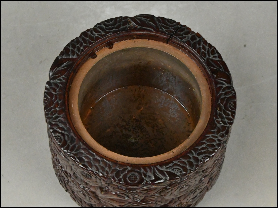 【NNK】時代物 唐木造 紫檀 花梨 刳り貫き 菊花尽彫刻 香炉 香道具 D7-1111-4_画像9
