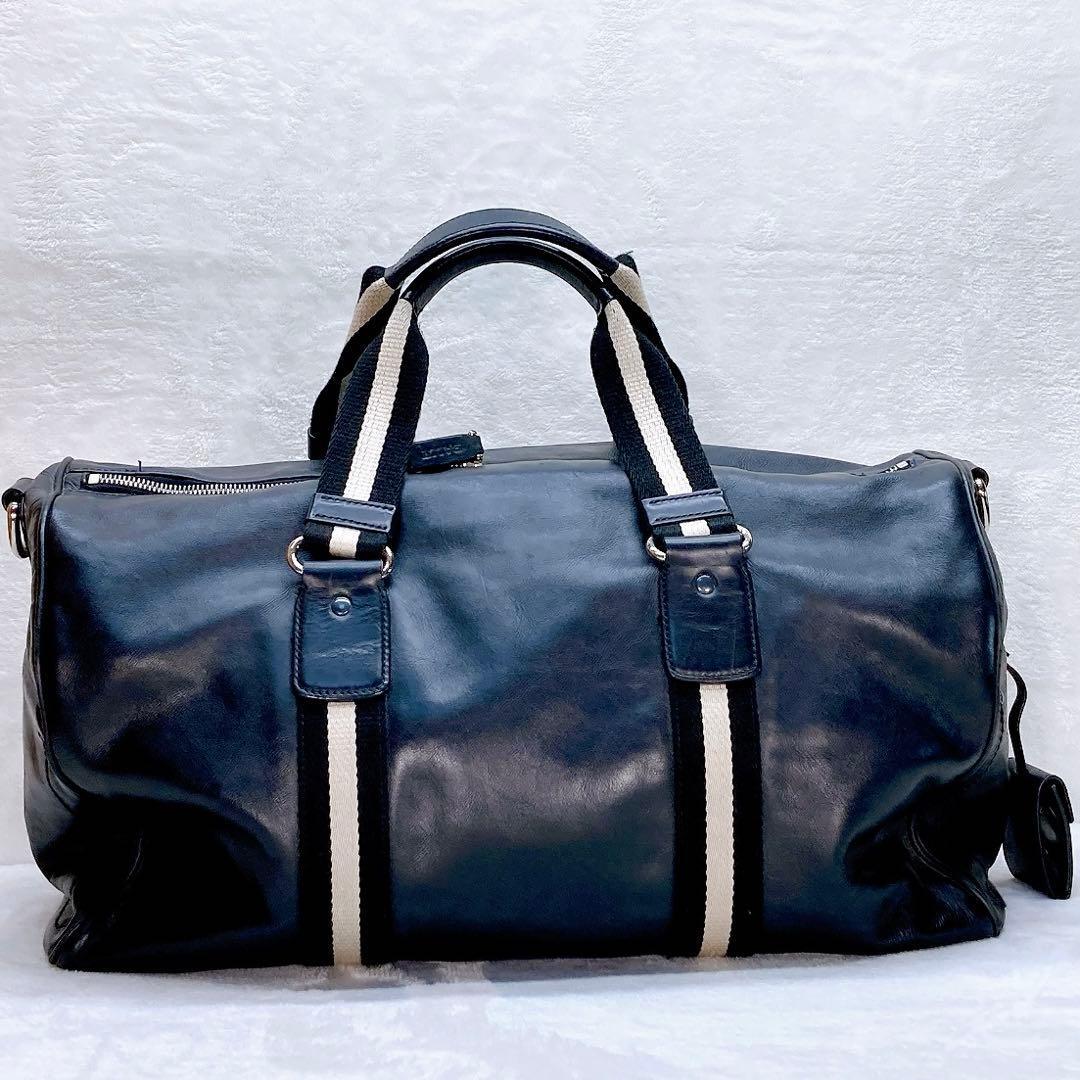 美品BALLY バリー 2way ボストンバッグ ストライプ レザー 大容量_画像1