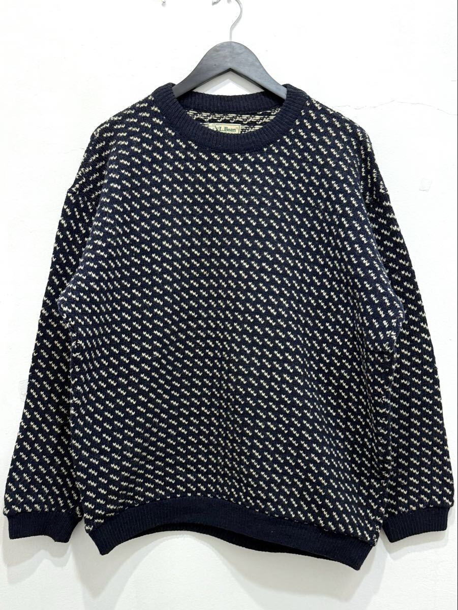 80s ノルウェー製 L.L.Bean Wool × Rayon バーズアイ ニット セーター XL ネイビー ウール × レーヨン エルエルビーン ヴィンテージ_画像1
