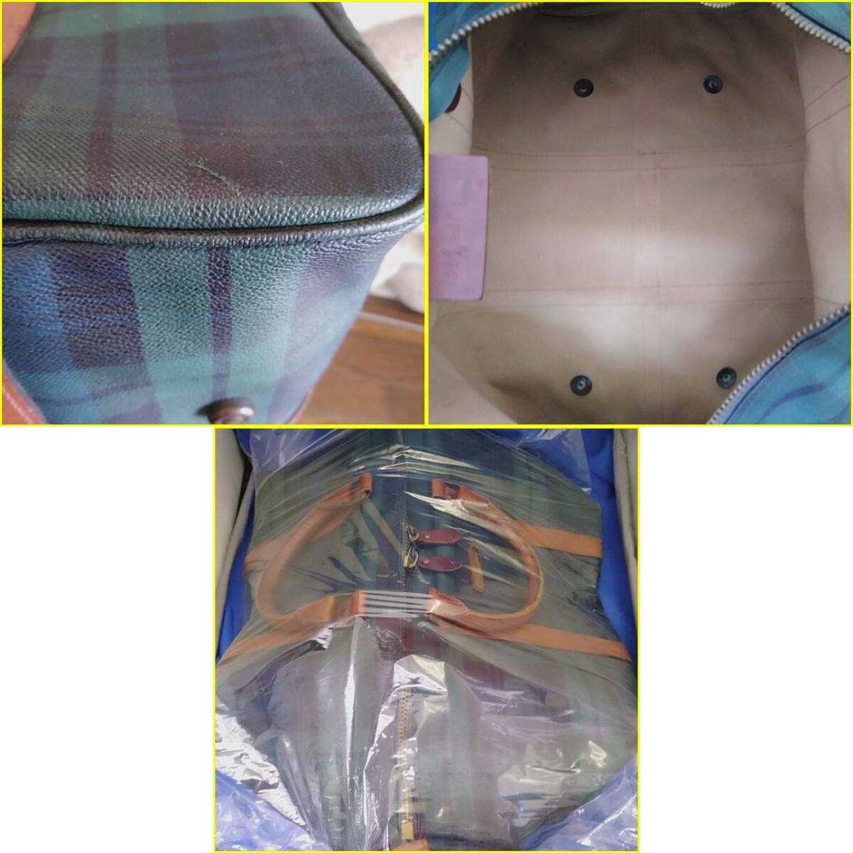 【USED/POLO RALPH LAUREN ボストンバッグ】ポロラルフローレン PVC×カーフレザー ブラックウォッチチェック柄(グリーン×ネイビー系色)_画像8