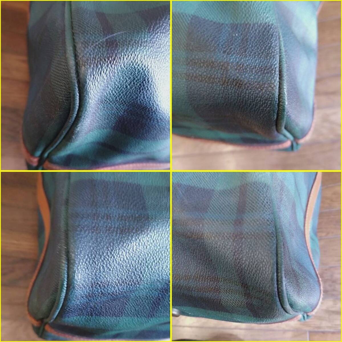 【USED/POLO RALPH LAUREN ボストンバッグ】ポロラルフローレン PVC×カーフレザー ブラックウォッチチェック柄(グリーン×ネイビー系色)_画像7