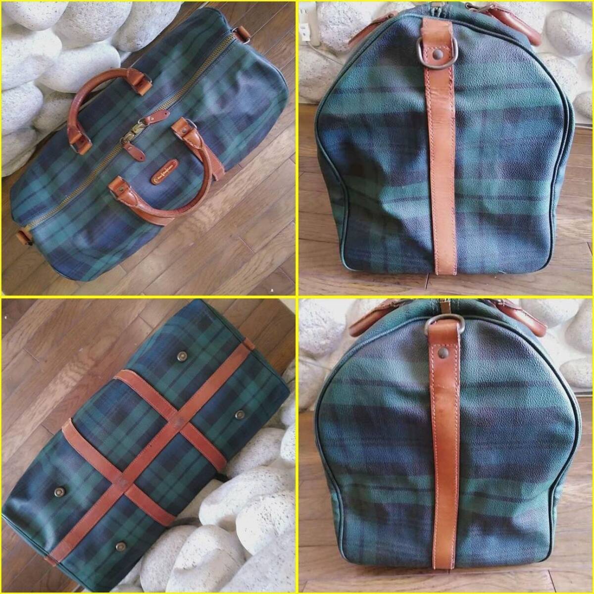 【USED/POLO RALPH LAUREN ボストンバッグ】ポロラルフローレン PVC×カーフレザー ブラックウォッチチェック柄(グリーン×ネイビー系色)_画像3