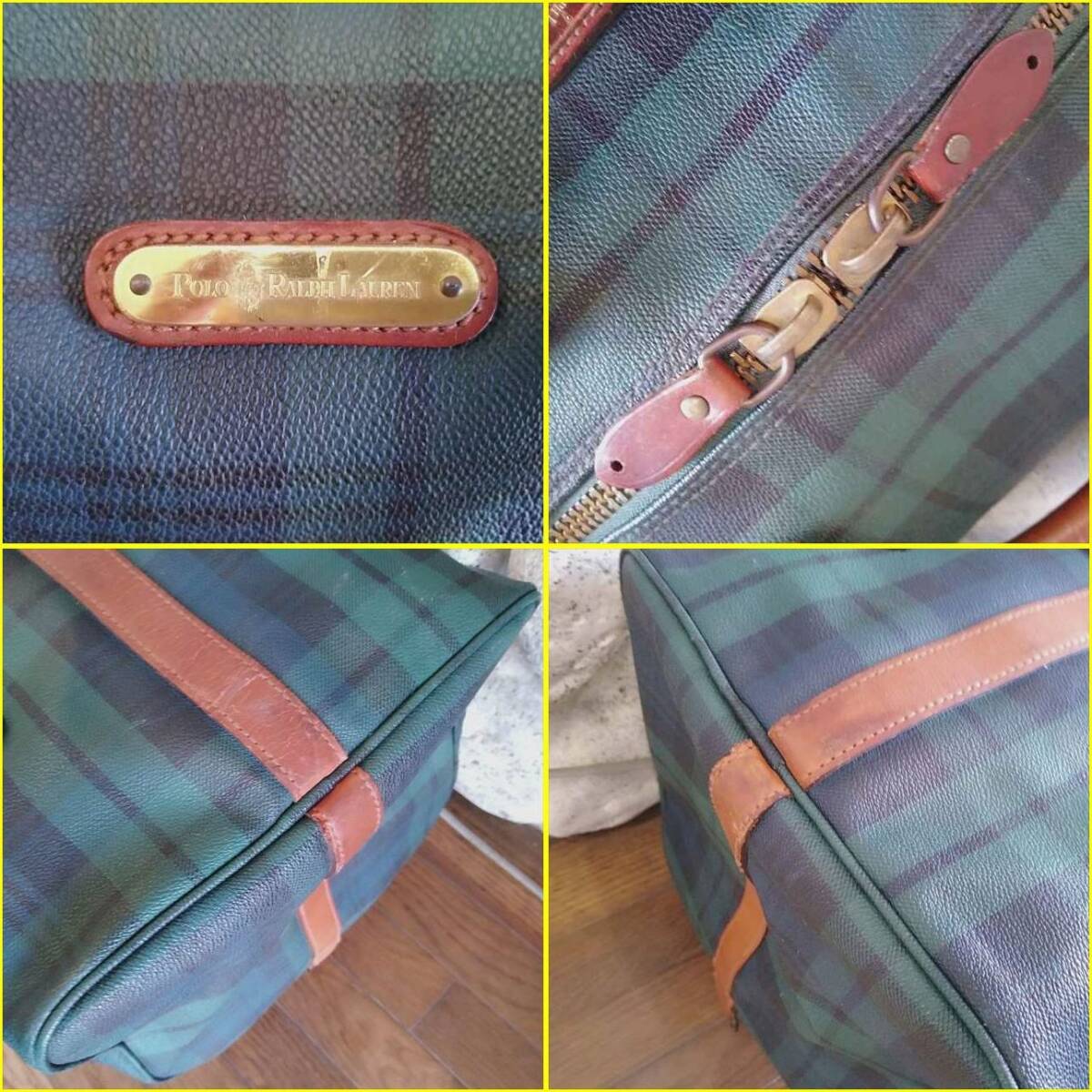 【USED/POLO RALPH LAUREN ボストンバッグ】ポロラルフローレン PVC×カーフレザー ブラックウォッチチェック柄(グリーン×ネイビー系色)_画像4