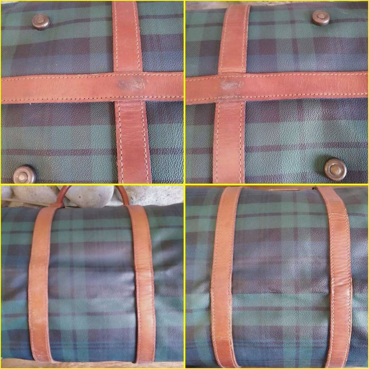 【USED/POLO RALPH LAUREN ボストンバッグ】ポロラルフローレン PVC×カーフレザー ブラックウォッチチェック柄(グリーン×ネイビー系色)_画像5