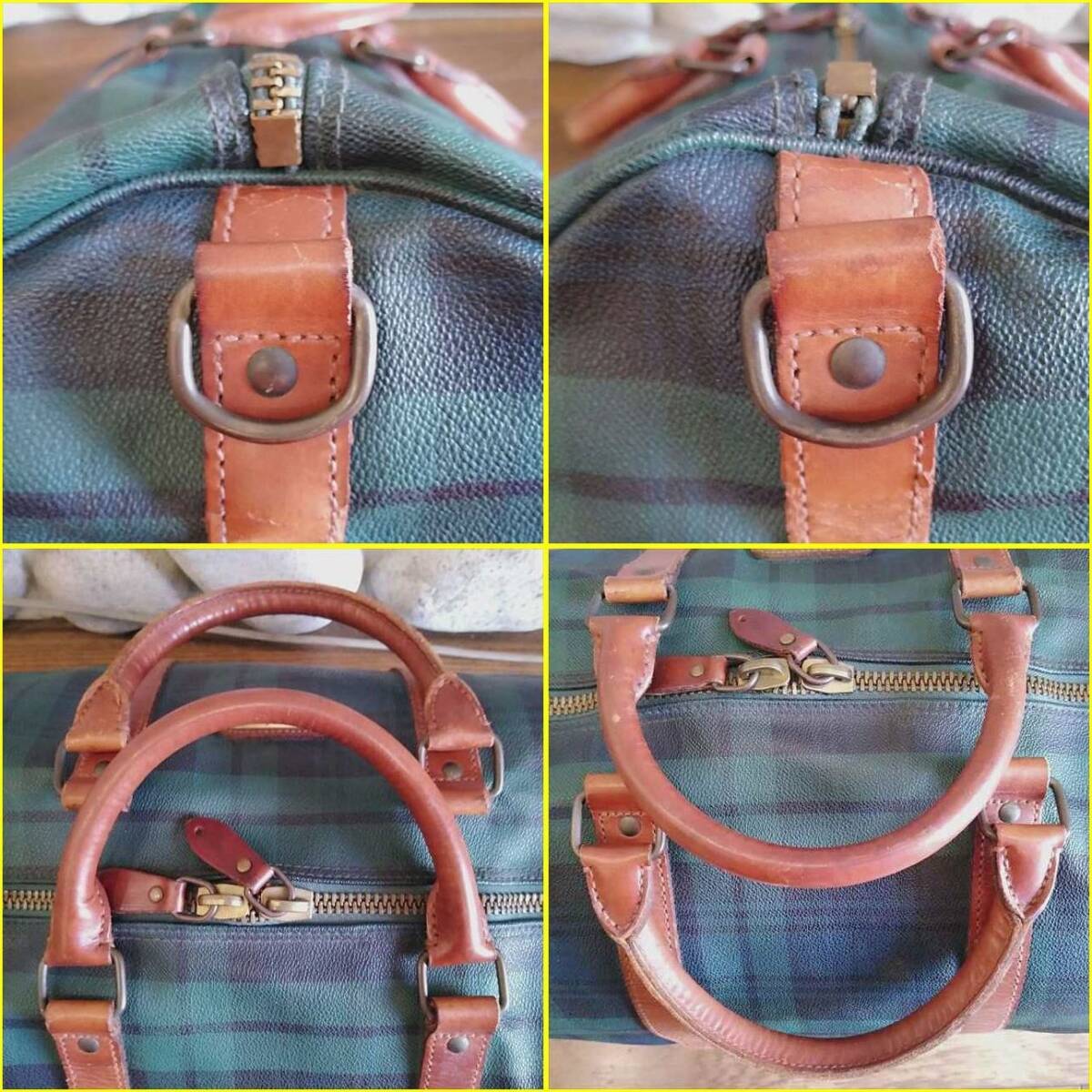【USED/POLO RALPH LAUREN ボストンバッグ】ポロラルフローレン PVC×カーフレザー ブラックウォッチチェック柄(グリーン×ネイビー系色)_画像6