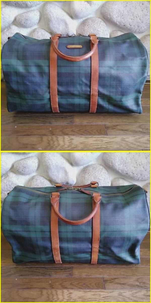 【USED/POLO RALPH LAUREN ボストンバッグ】ポロラルフローレン PVC×カーフレザー ブラックウォッチチェック柄(グリーン×ネイビー系色)_画像2