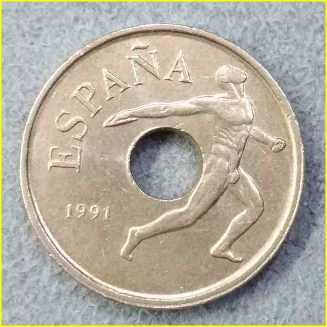 【スペイン 25ペセタ 記念硬貨/1991年】 バルセロナオリンピック’92記念 25 PESETAS/25PTAS/円盤投げ/ 旧硬貨/穴あきコイン/古銭_画像3