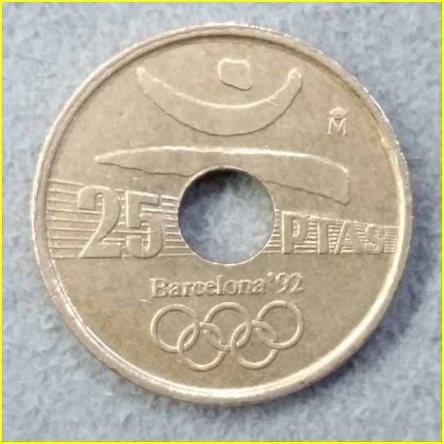 【スペイン 25ペセタ 記念硬貨/1991年】 バルセロナオリンピック’92記念 25 PESETAS/25PTAS/円盤投げ/ 旧硬貨/穴あきコイン/古銭_画像1