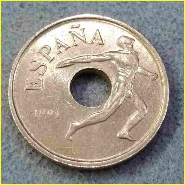 【スペイン 25ペセタ 記念硬貨/1991年】 バルセロナオリンピック’92記念 25 PESETAS/25PTAS/円盤投げ/ 旧硬貨/穴あきコイン/古銭_画像4