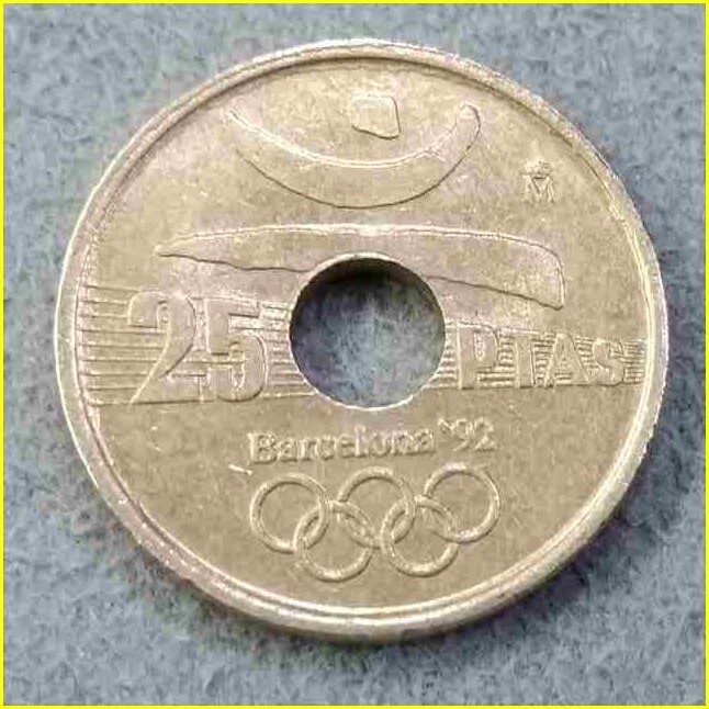 【スペイン 25ペセタ 記念硬貨/1991年】 バルセロナオリンピック’92記念 25 PESETAS/25PTAS/円盤投げ/ 旧硬貨/穴あきコイン/古銭_画像2