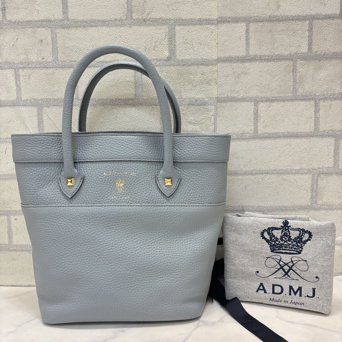 新品 未使用 日本製 ADMJ エーディーエムジェイ トートバッグ ハンドバッグ 保管袋付き 本革レザー レディース 水色 ブルー_画像1