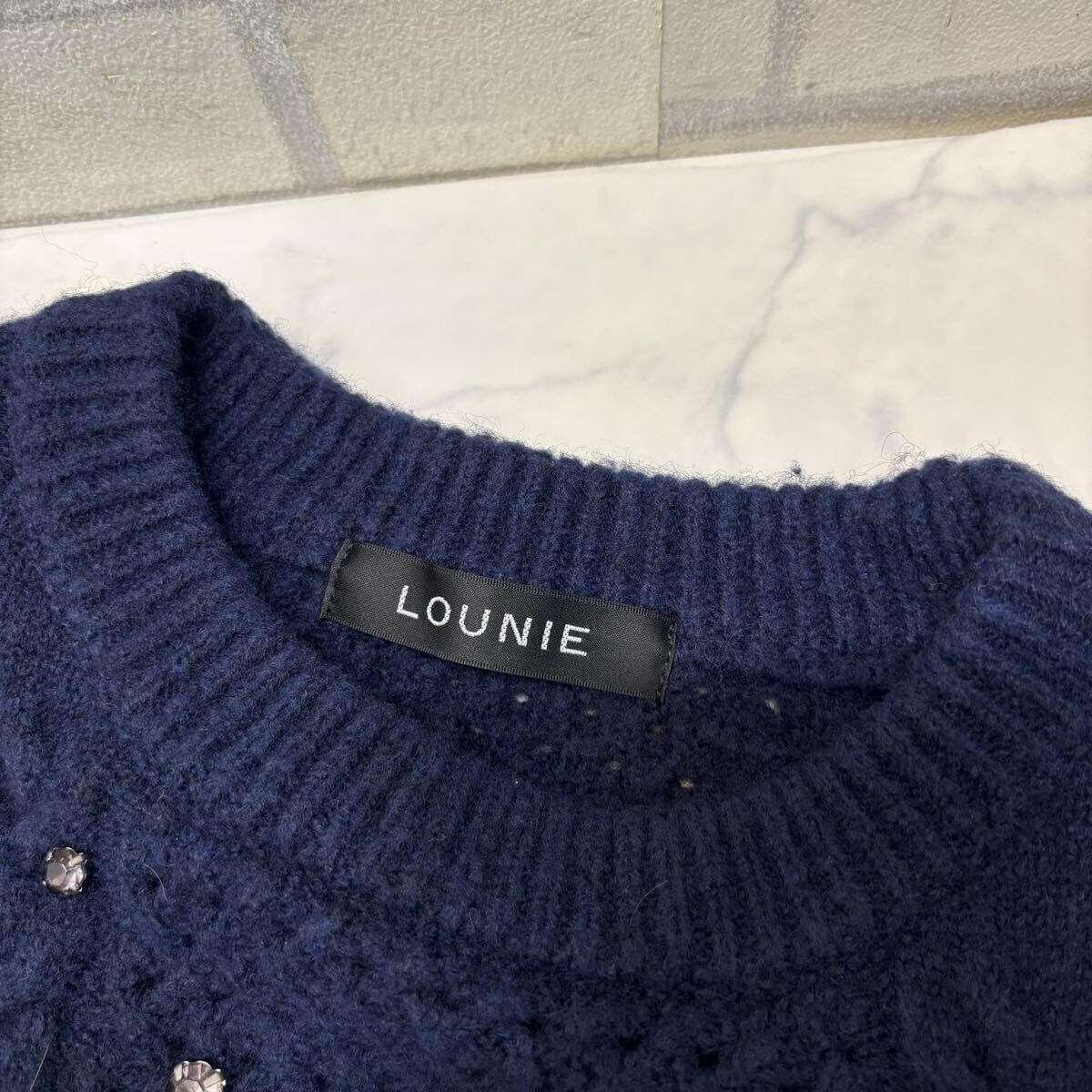 極美品 2回のみ着用 ルーニィ LOUNIE ニット セーター 厚手 長袖 ケーブルニット ラインストーン ウール混 サイズF ネイビー レディース_画像7