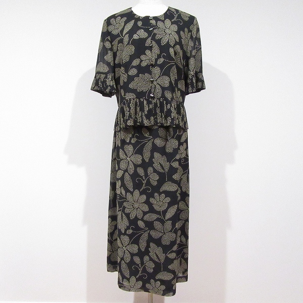 #snc レリアン Leilian セットアップ スカートスーツ ツーピース 9 黒 アイボリー 総柄 日本製 レディース [961905]_画像1