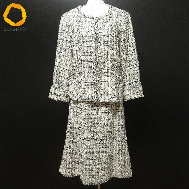 #anc レリアン Leilian スカートスーツ セットアップ 13+ ベージュ 白 黒 ピンク ツイード ノーカラー 大きいサイズ レディース [977029]_画像1