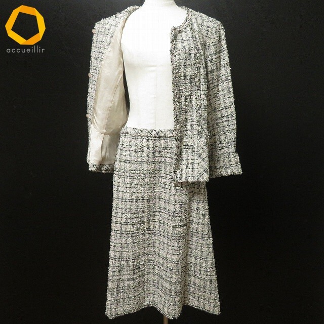 #anc レリアン Leilian スカートスーツ セットアップ 13+ ベージュ 白 黒 ピンク ツイード ノーカラー 大きいサイズ レディース [977029]_画像4