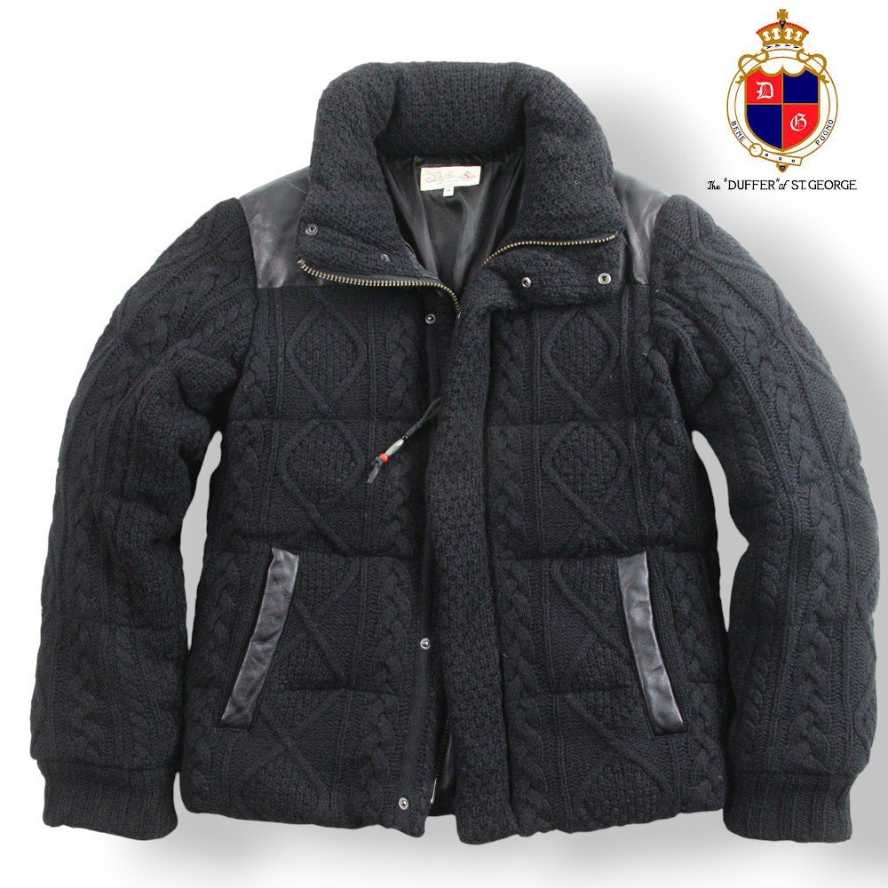 極美品 THE DUFFER OF ST.GEORGE ザ・ダファーオブ セントジョージ 羊革 シープスキン レザーヨーク アランニット ダウンジャケット 黒 M_画像1