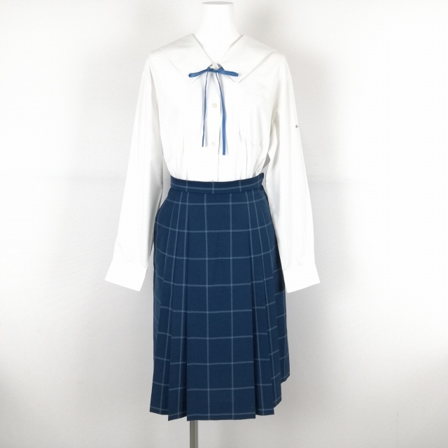 1 иен матроска проверка юбка шнур Thai верх и низ 3 позиций комплект указание L большой размер очень большой промежуточный одежда женщина Okayama белый . средняя школа белый б/у разряд C EY6580