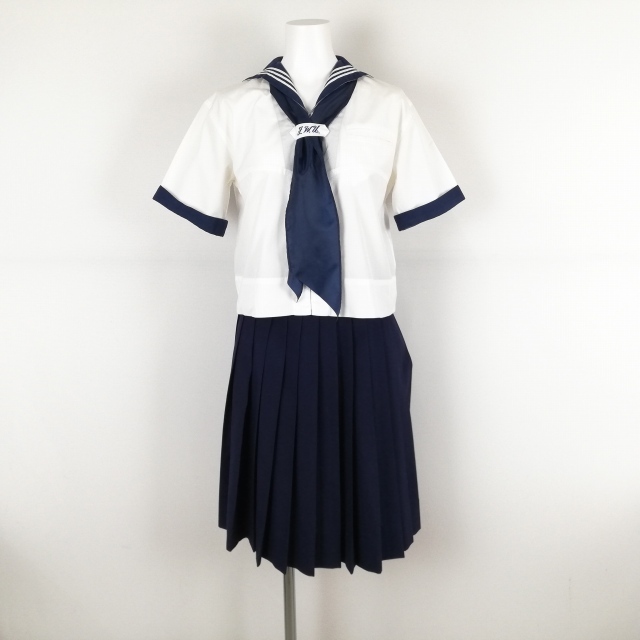 1 иен матроска юбка шарф верх и низ 3 позиций комплект лето предмет белый 3шт.@ линия женщина школьная форма Kanagawa Япония женщина университет приложен средний . белый форма б/у разряд C EY6673